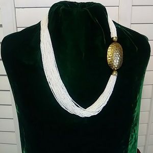 WHITE SEED BEAD STATEMENT NECKLACE / BRASS DETAILS